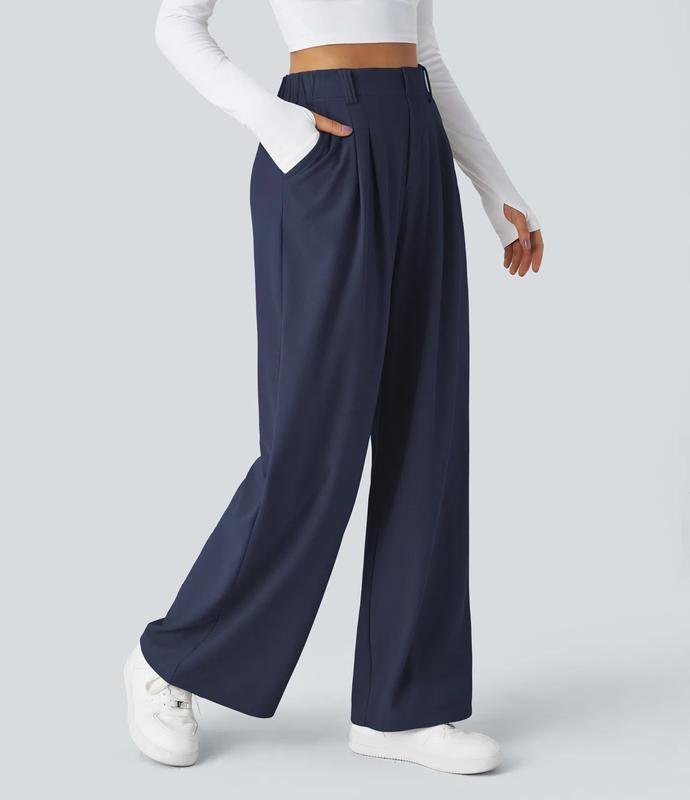 Halara Flex Women's Plain High Waisted SidePocket Wide Leg Waffle Work Pants, CasualComfy Trousers for daily wear, Ladies' bottomsfor all seasons, Tall/petite stretchy trousers,Tummy hide trousers
